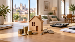 Casa de madera, llaves y monedas: ahorro y planificación de la compra de vivienda
