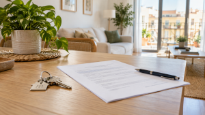 Llaves y documentación de un contrato de alquiler en una vivienda