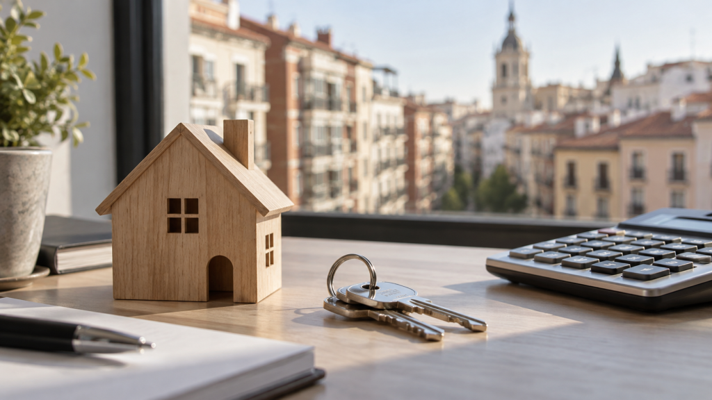 Maqueta de una vivienda, llaves y calculadora para analizar el coste de comprar una casa