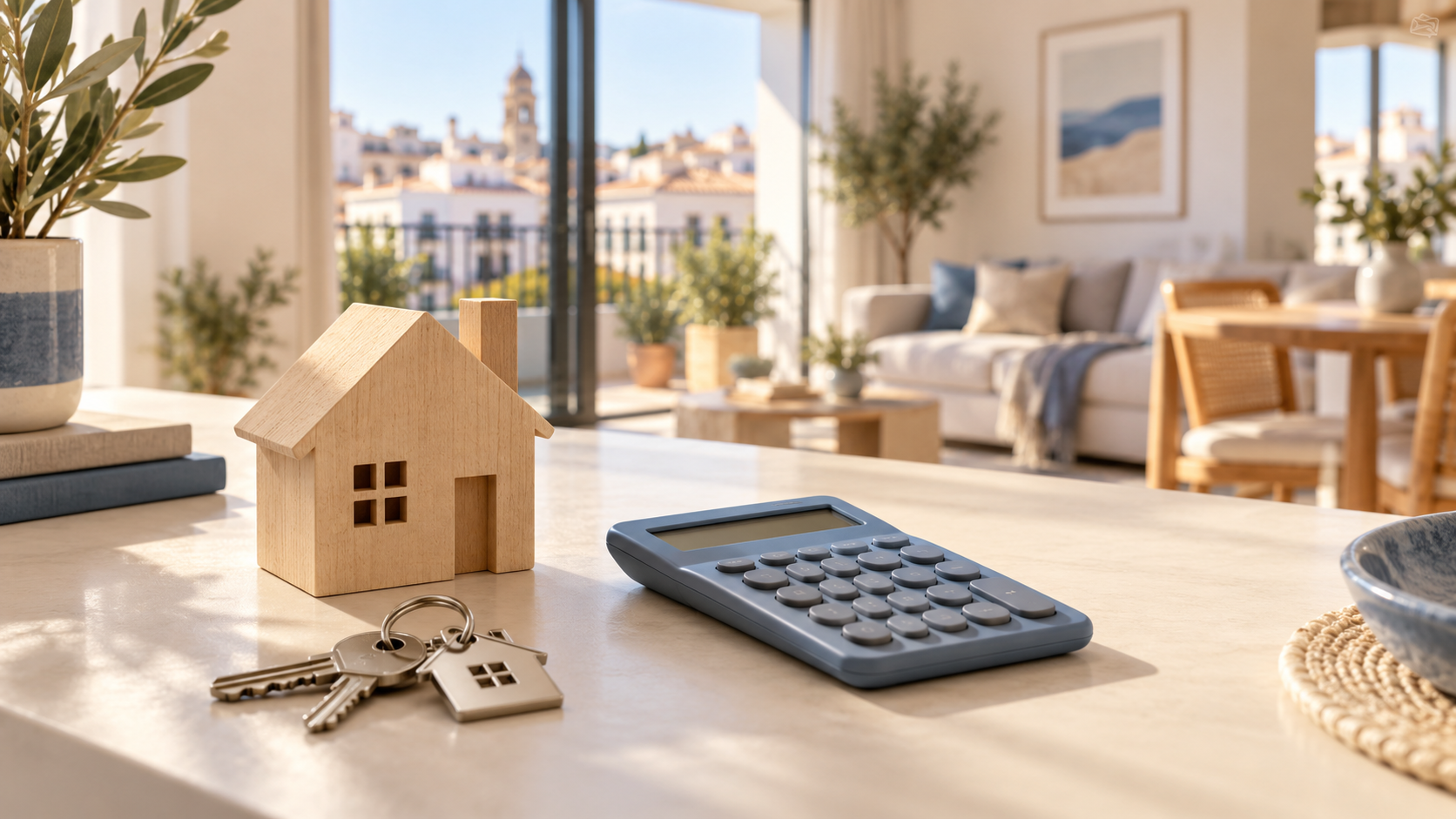 Casa de madera, llaves y calculadora para ilustrar la planificación de la compra de una primera vivienda
